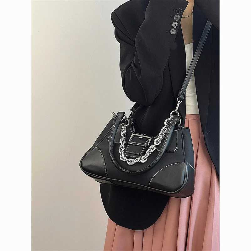 Inner y2k bag cool patent leather+ canvas underarm bag vintage women Metal Chain shoulder bag for female totes XJ250605