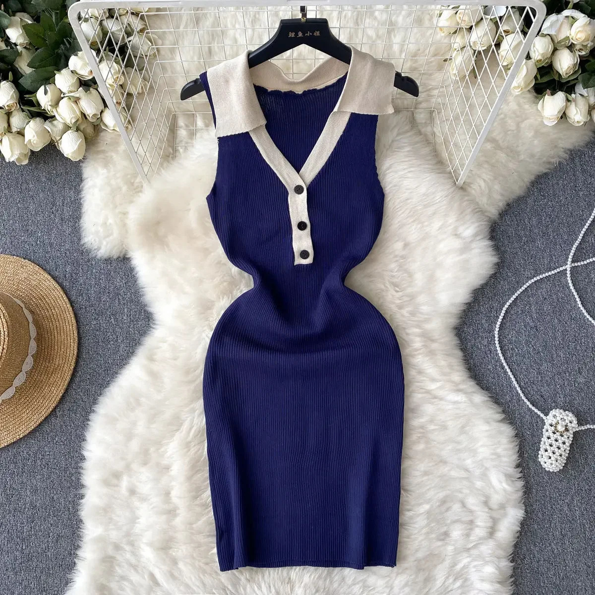 Patchwork Tank Summer Knit Elegant Dress Women Turn Down Collar Elastic Waist Bodycon Sundress Female Short Mini Dress 250604