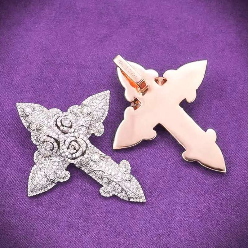 GRA D Color Moissanite Iced Out Mens Cluster Flower Rose Cross Pendant With 925 Sterling Silver