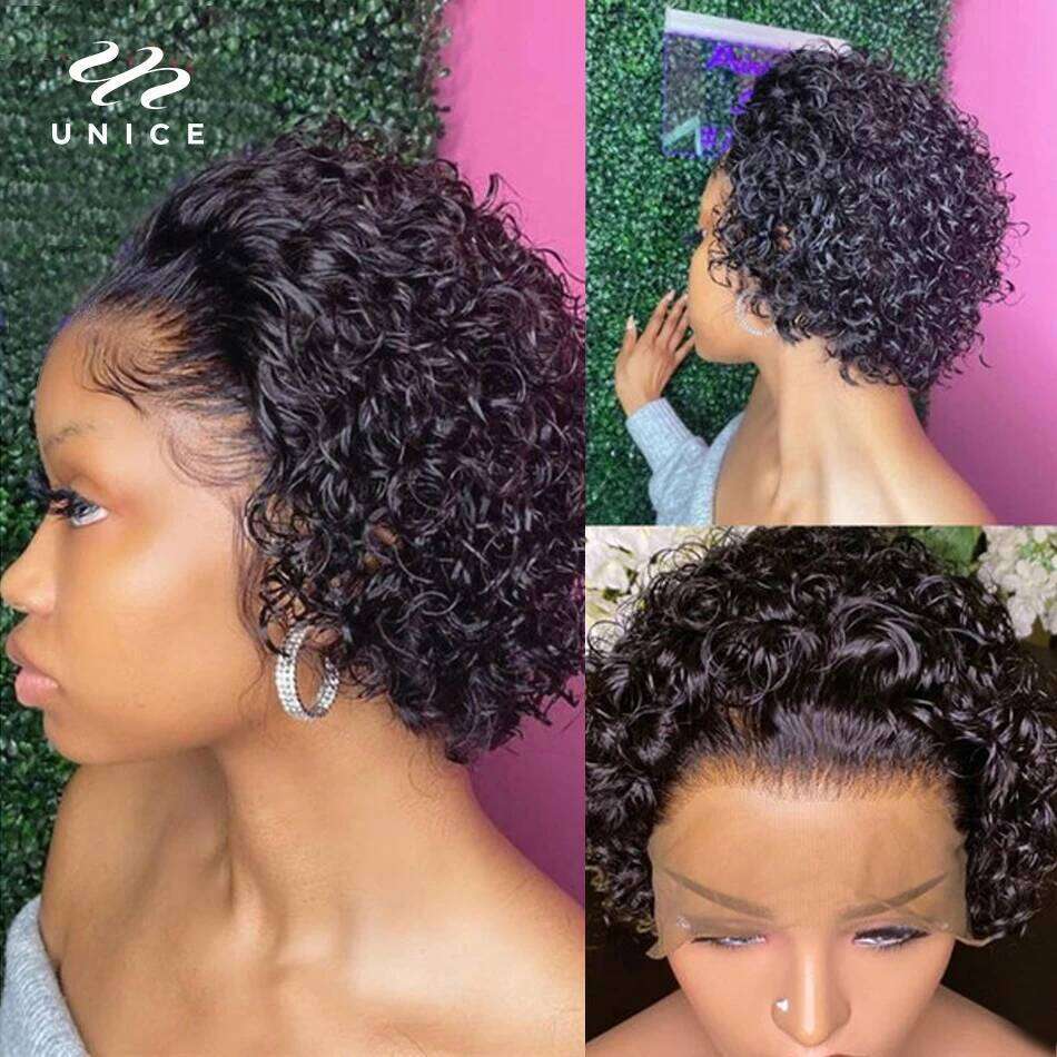 Unice 13x1 Lace Pixie Cut Wig 100% Human Hair Short Curly for Women Wavy Afro Wigs