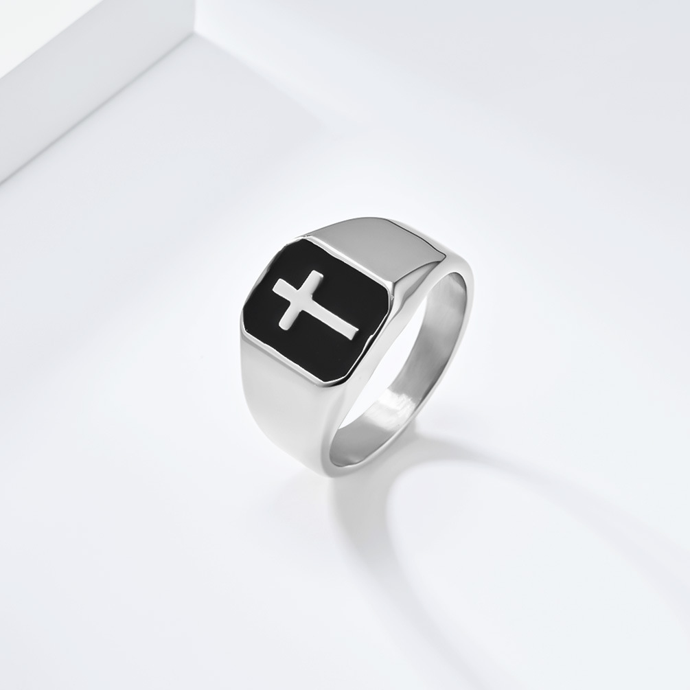 Hip Hop Square Ring Black oil drop Stainless Steel Cross 18K Gold Plated Jewelry