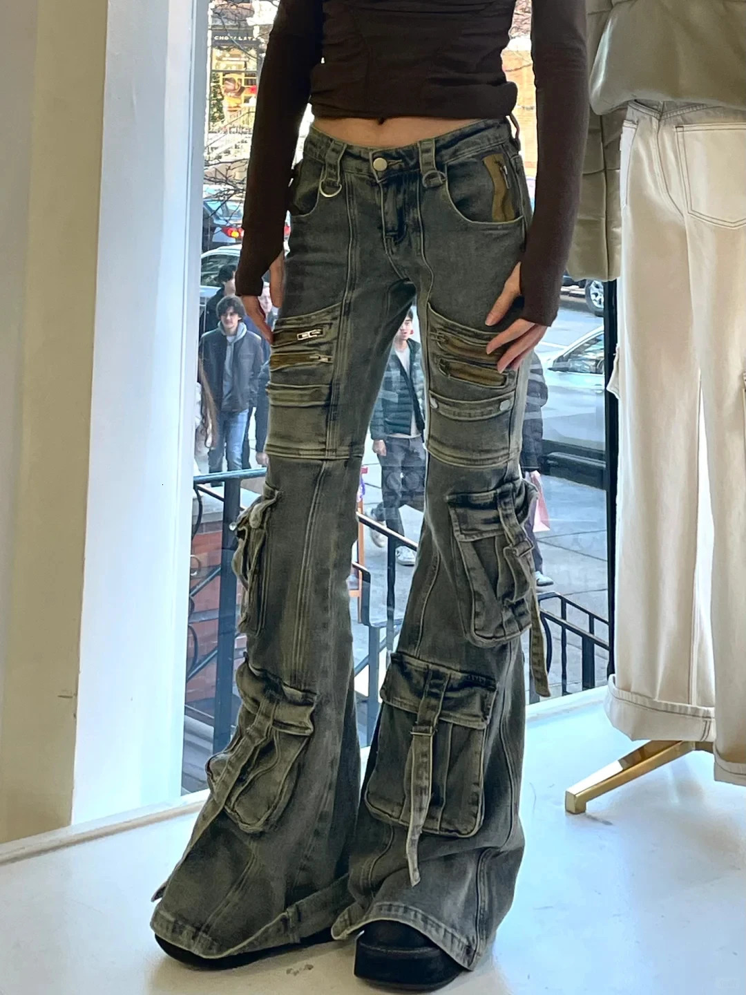 Women Abi Harajuku Y2K Streetwear Pants Low Rise Denim Goblin Core Flare Cargo Jean BellBottom Japanese Long Trouser 250604
