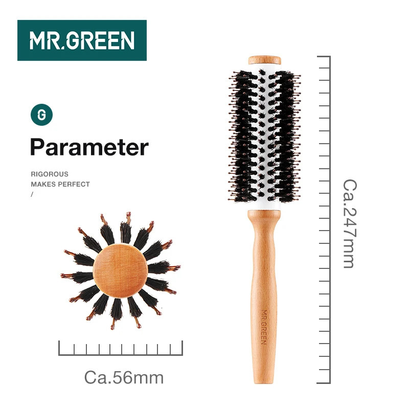 MR.GREEN Boar Bristles Hair Brush Round Styling Curling Roll Hairbrush Natural Wooden Detangling Comb for Long Curly Or Any Type 250603