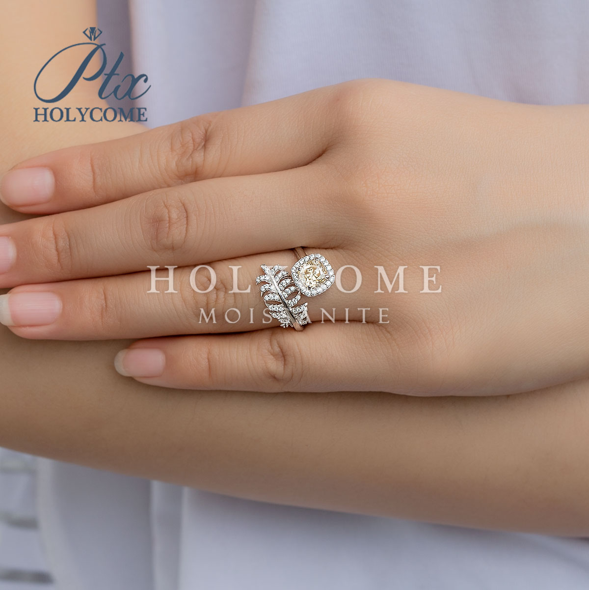 Custom 1CT Champagne Moissanite Finger Rings Jewelry Party Anniversary Feather Shape Gemstone Cushion Diamond 925 Silver Cluster Ring for Women