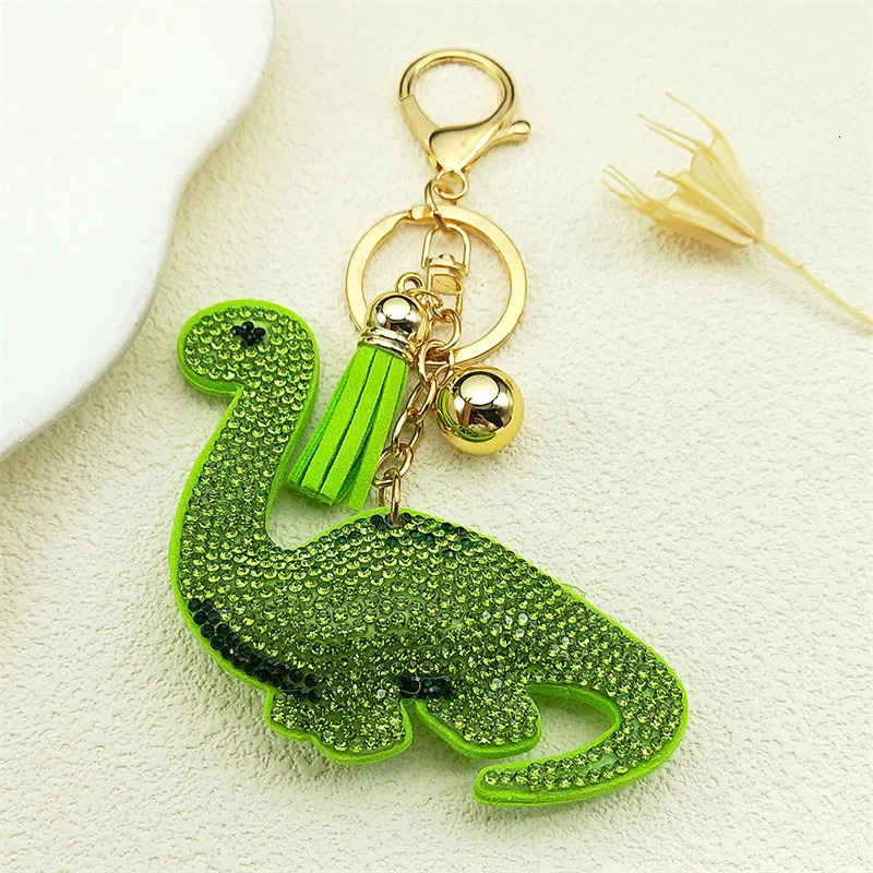 Two Kawaii Dinosaur Animal Keychain Women Men Orange Green Color Rhinestone Tassel Female Charm Bag Decoration Key Ring Jewelry 250605