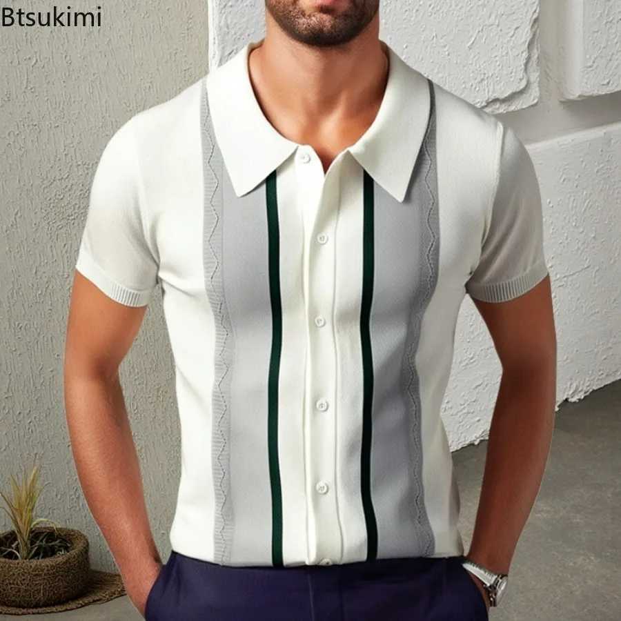 2025 Mens Striped Short Sleeve Knitted Shirts Summer New Comfy Breathable Casual Business Polo Shirts Men Golf Sport Loose Tops XJ250605