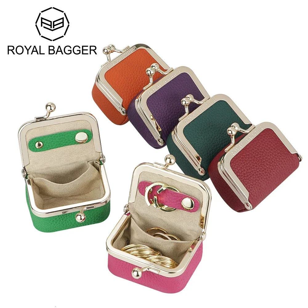 Royal Bagger Genuine Leather Mini Jewelry Coin Purse Solid Color Kiss Lock Change Pouch Casual Small Storage Bag for Women 1894 250605