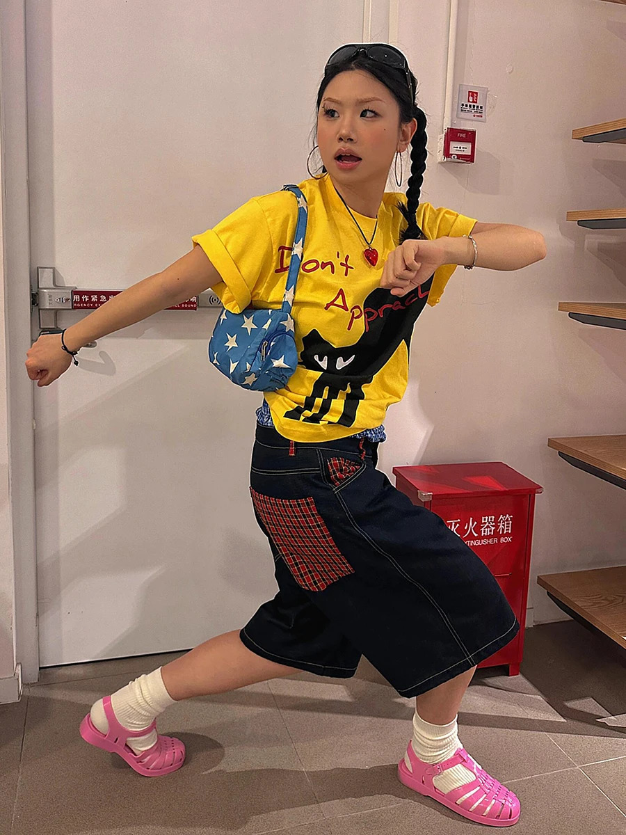 REDDACHiC Harajuku Women Plaid Spliced Denim Shorts Vintage Wash Oversize Trousers Low Waist Baggy Jeans Jorts Y2k Streetwear 250604