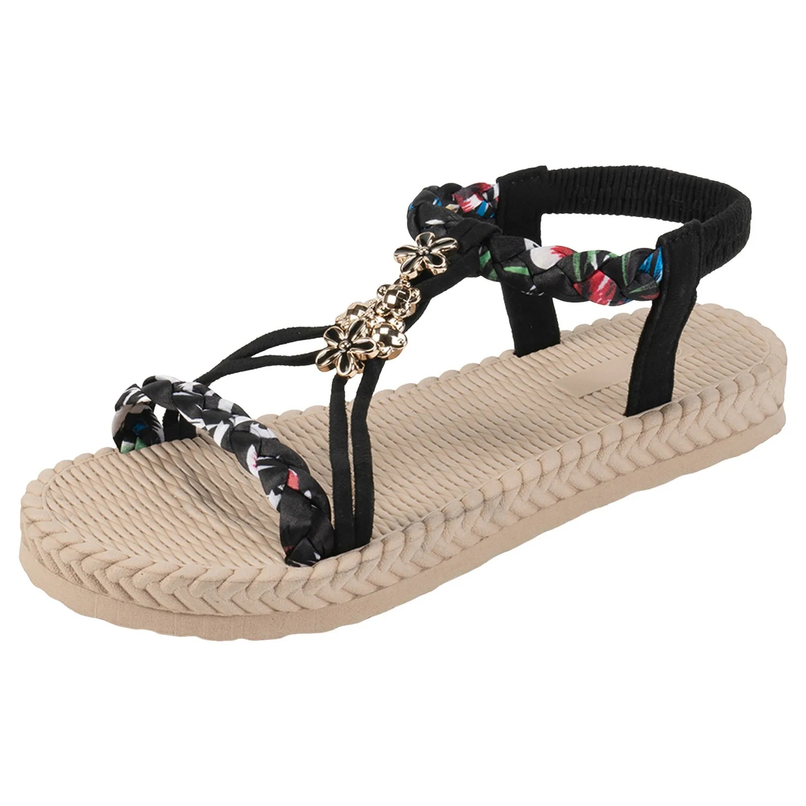 Spring And Summer Womens Thick Soled Hollow Beach Braided Elastic Band Casual Sandals Women Plus Size 250605