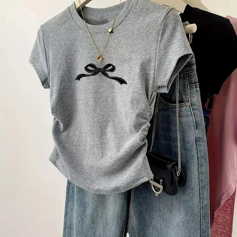 Fashion Print T-shirts Summer Solid Color Top Cute Girls Short Sleeve Slim Fit Round Neck T-shirt Womens Short Tops 250529