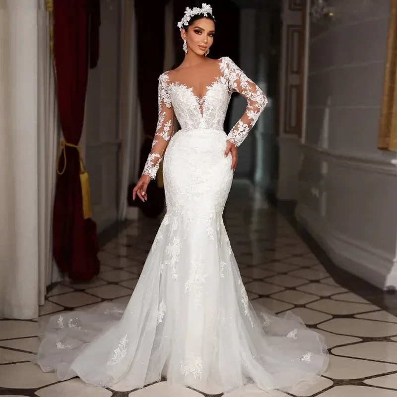 2025 New Modern Mermaid Wedding Dress Detachable Train Sheer Neck Long Sleeves Appliques Lace Tulle Church Bridal Bride Gowns Vestidos De Noiva