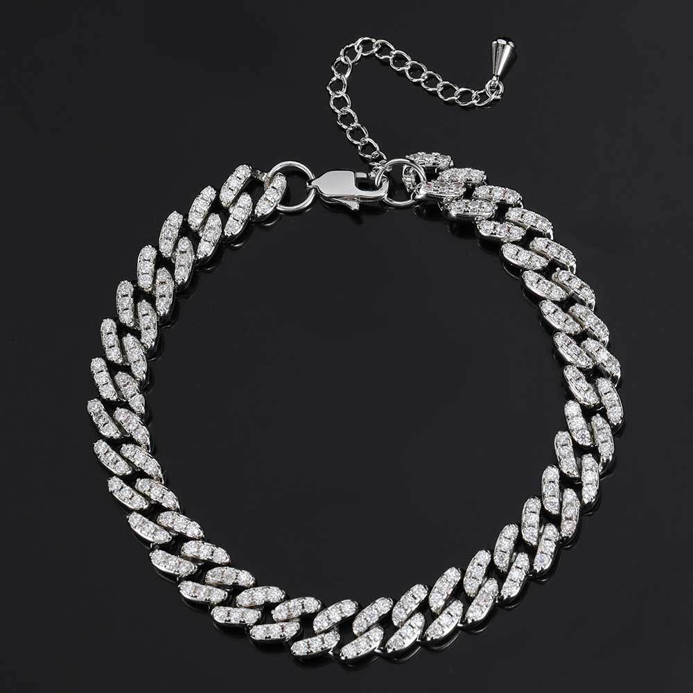 9mm Single Row Cubic Moissanite Anklet with Cuban Chain and D-Ring Extension for Women