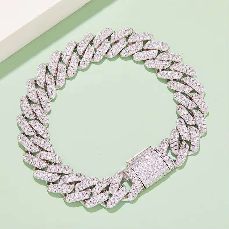 S925 Cuban Link Luxury Round Cut Moissanite 14mm Cuban Chain Fine Sterling Silver Jewelry Bracelet Hip-hop Unisex Bracelet