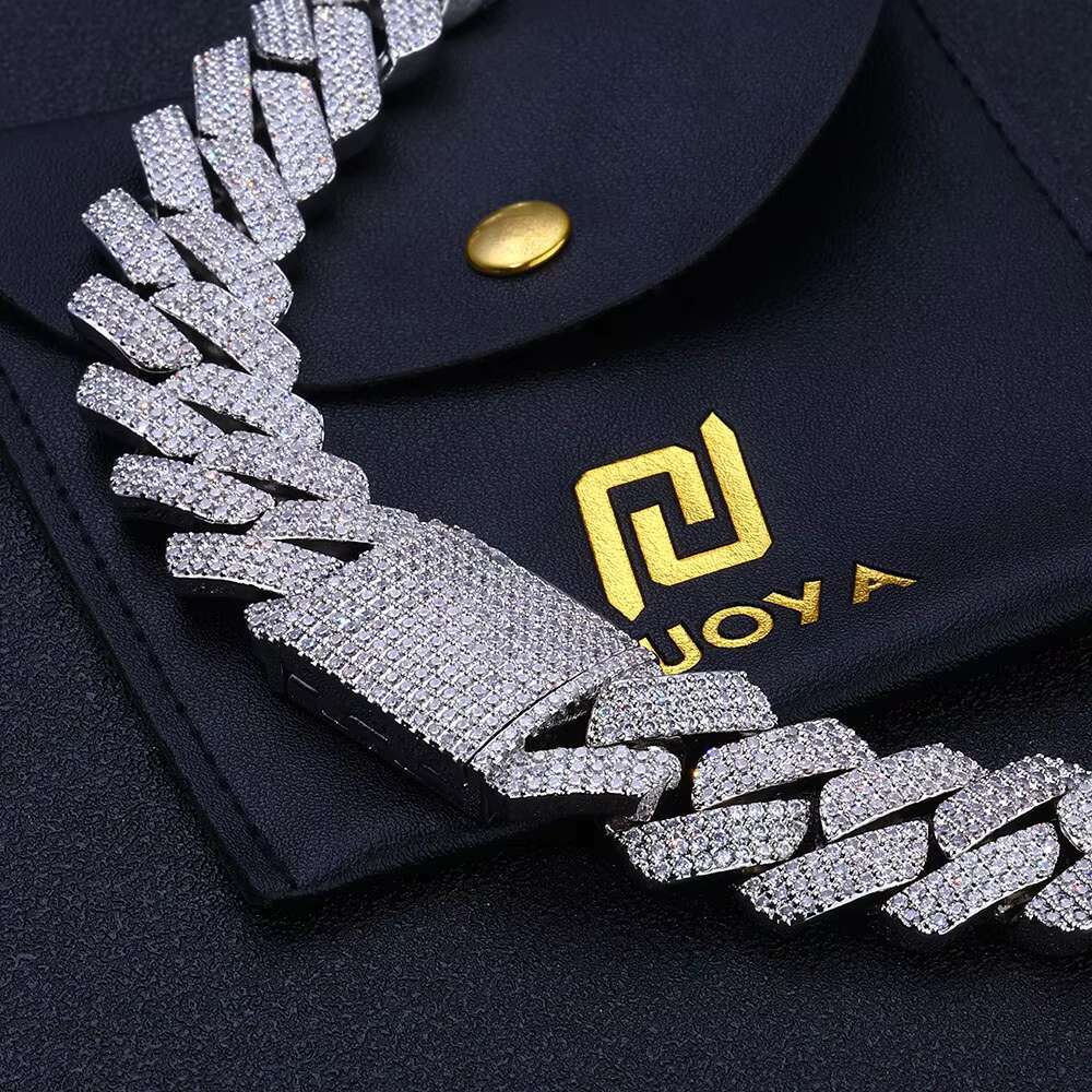 Moissanite Womens Chunky Necklace 3 Row Stone 925 Sterling Silver VVS Moissanite Diamond Prong Cuban Link Chain Hip Hop Jewelry