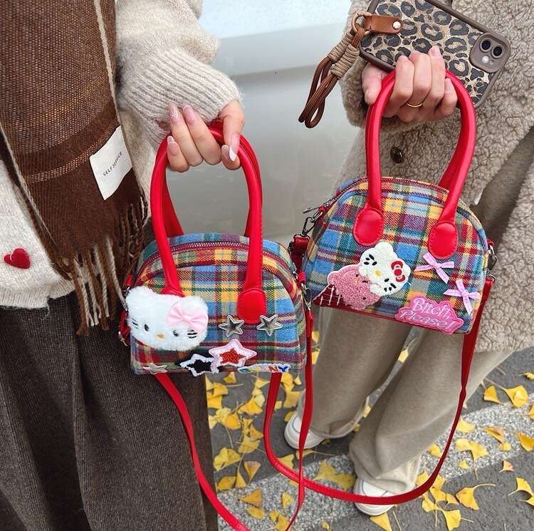 Korean Style INS Exquisite Plaid Cute Kitty Bow Star Fashion Handbag Crossbody Bag for Women Y2K Backpack