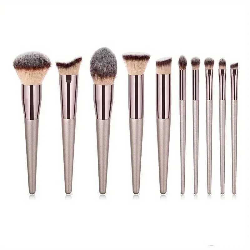 10 Pcs Champagne Gold Makeup Brushes Complete Set of Foundation Loose Powder B Concealer Eye Shadow Professional Set W250605