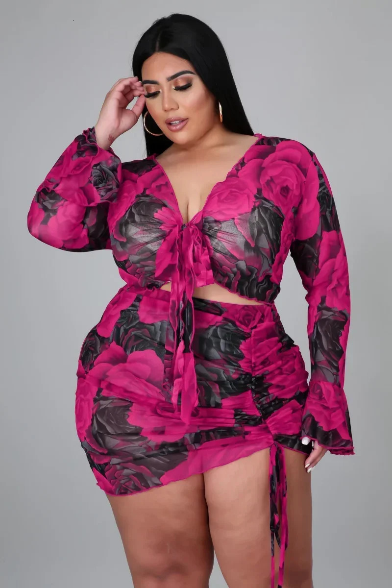 KEXU Sheer Print Mesh Women Plus Size Set Full Flare Sleeve Bandage Crop Tops Shirring Skirts Two Piece Sets Sexy Outfit Summer 250603
