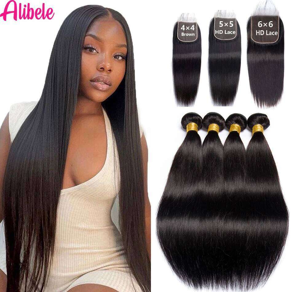 Alibele Hairc 6x6/ 5x5 HD Brazilian Long Human Hair Weave Bundles With 4X4 Lace Closure Black Color