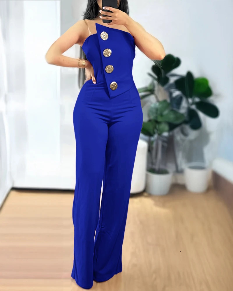 2024 Asymmetrical Bandeau Strapless Jumpsuit Metal Button Decor Casual Overalls 250521
