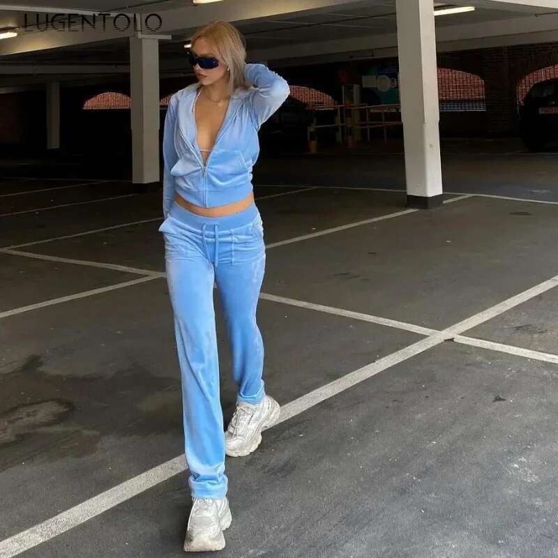 Women Hoodie Two-piece Set Y2k Veet Zip Cardigan Jacket Multi-pocket Jogging Straight-leg Pants Fiess Sports Street Wear