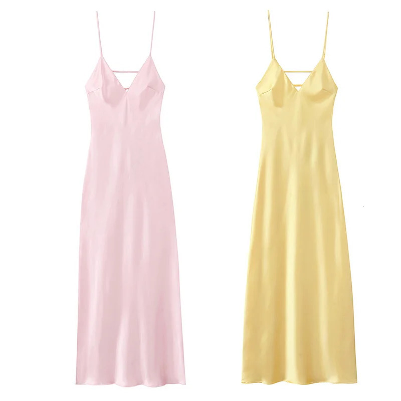 TRAFZA Summer Women VNeck Long Dress Elegant Slim Stain Pink Solid Strapless Backless For Evening Party 250604