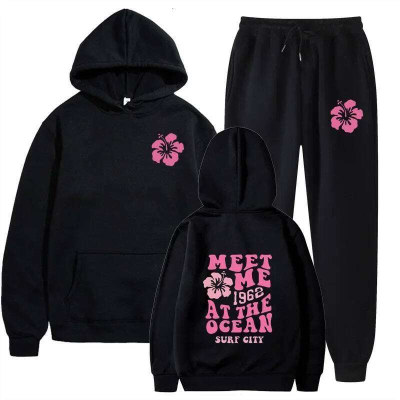 Simple Casual Hoodie Pants Set Autumn Winter New Style Print Hooded Sweatshirt Bottoms Combo Large Size Women