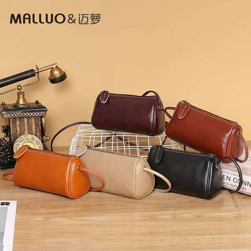 Designer Bags 2025 Women's Cow Genuine Leather Popular Cylinder Bags Ladies Retro Trendy Messenger Bag Female Designer Shoulder Handbag For Lady 