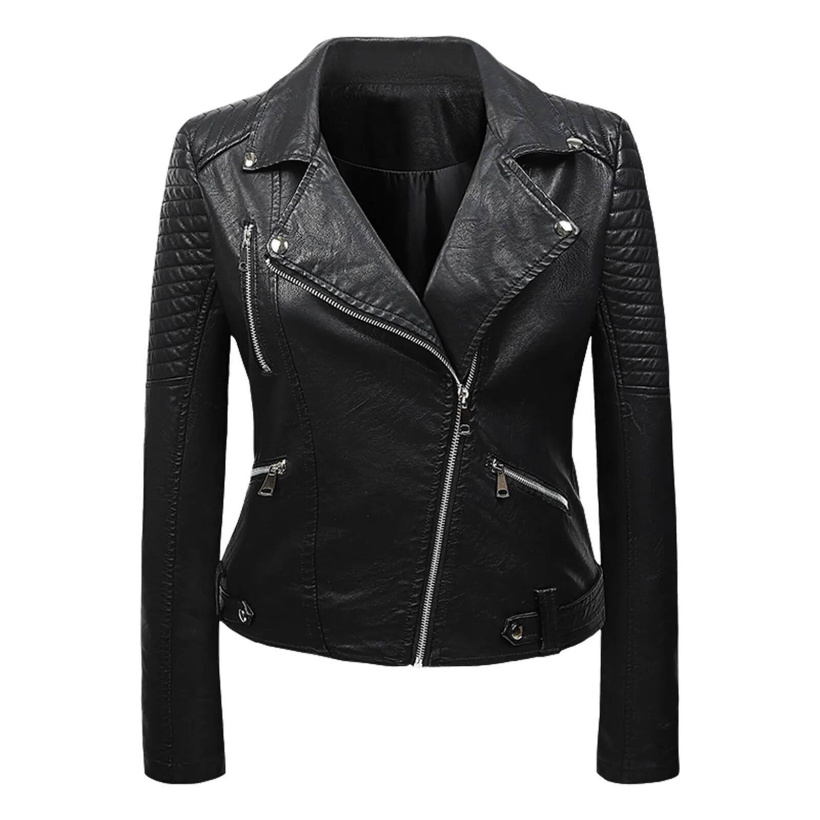 Women Motorcycle Leather Jacket Outwear Asymmetrical Zip Up Trendy Bomber Jackets Slim Fit Lapel Belted Cropped Coats Streetwear