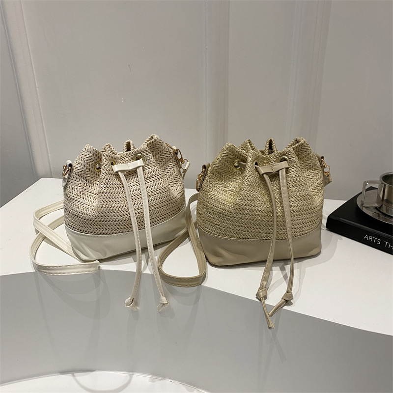 designer Korean Style Fashion Trend Crossbody Bag Personality Straw Bag 2025 Spring New Casual Color-Block Handbag Bucket Bag