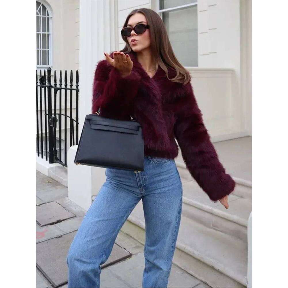 Retro Bury Short Warm Coat Women Fashion Elegant Solid Color Loose Lapel Long Sleeves Faux Fur Jacket New High Street Coats
