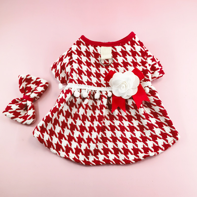 Dog Dress, Luxury Bow Princess Dresses for Girl Dogs Cute Fashion Plaid Pet Skirt with Necklace Hairpin Flower, Cat Puppy Clothes Wedding Party Outfit