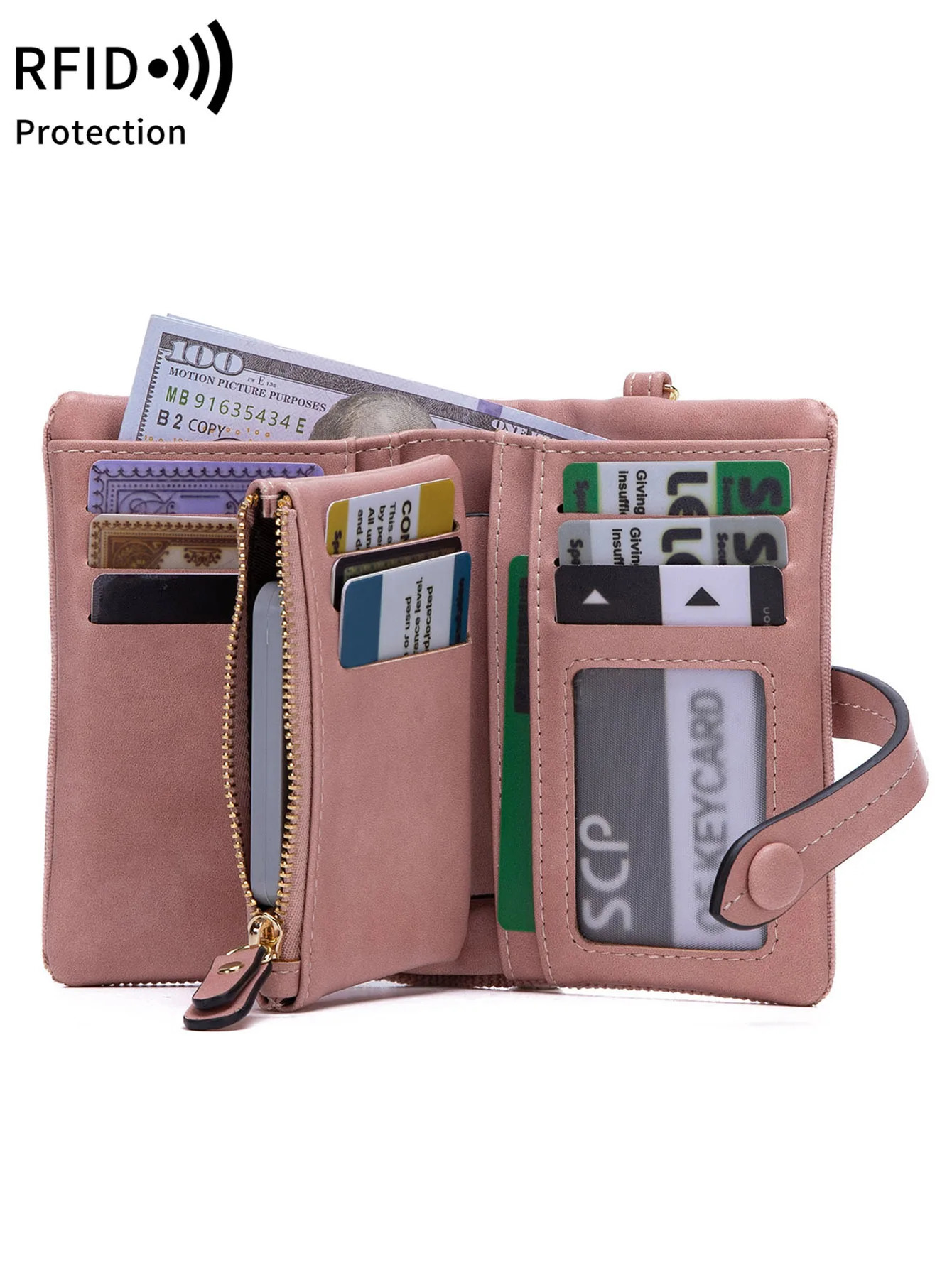 Solid Color Womens Trifold Wallet RFID Shielding Multifunctional Large Capacity Credit Card Bag with ID Window Short Coin Purse 250605