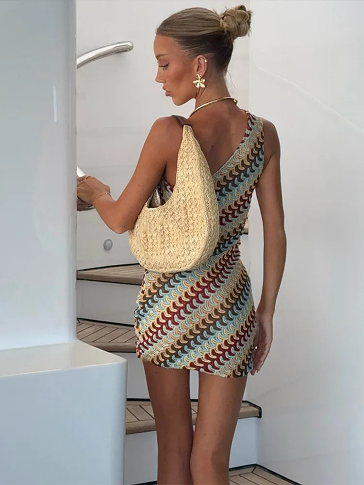 Irregular Printed Knitted Mini Dress For Women Chic Backless Slanted Shoulder Slim Fit Dresses 2025 Summer Holiday Beach Robes 250529
