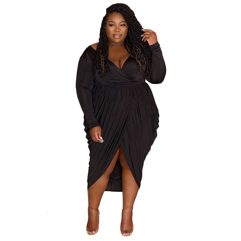 Autumn Womens Fashion Deep v Fashion Pleated Elegant Nightclub Plus Size Dress Long Dress