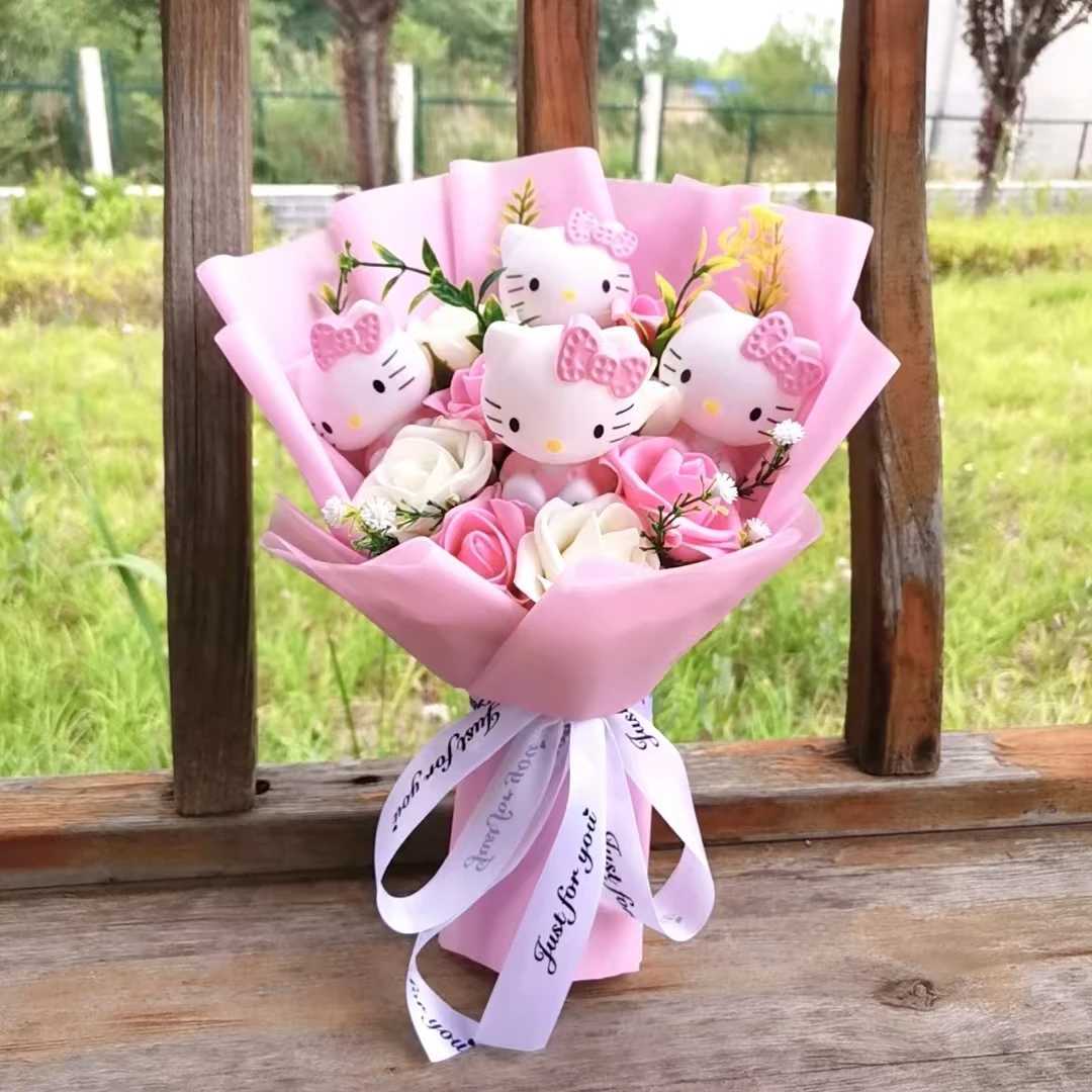 Anime Hello Kitty Cartoon Plush Bouquet Sanrio Artificial Rose Flowers Doll Christmas Home Wedding Decoration Valentines Day Giw250605