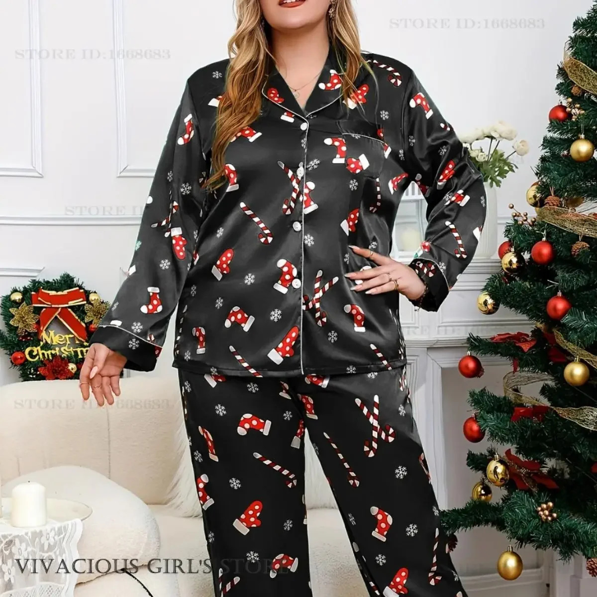 Large Size Female 2PCS Pajamas Set Sleepwear Christmas Long Sleeve Trouser Pyjama Pour Femme Loose Satin Home Clothes Loungewear 250529