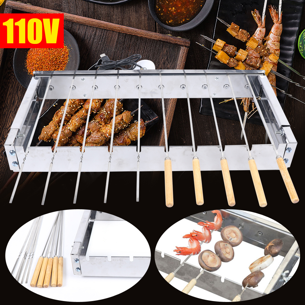 10 Holes Automatic Rotating Skewer Turner, Outdoors Portable Automatic BBQ Flipping Rotating Rotisserie Grill Skewer Shelf, Stainless Steel Adjusted W