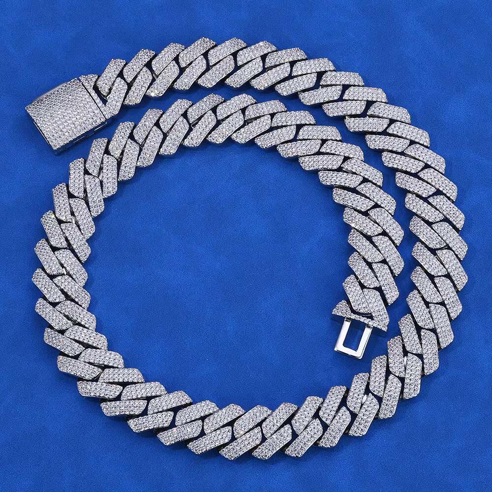 Moissanite Womens Chunky Necklace 3 Row Stone 925 Sterling Silver VVS Moissanite Diamond Prong Cuban Link Chain Hip Hop Jewelry