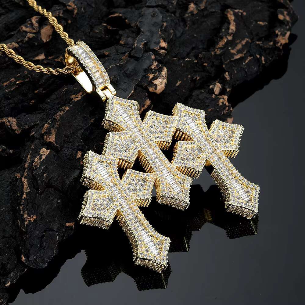 Fine Jewelry Pass Diamond Tester Large Hip Hop Pendant for Men Women Iced Out Baguette Three Cross Pendant