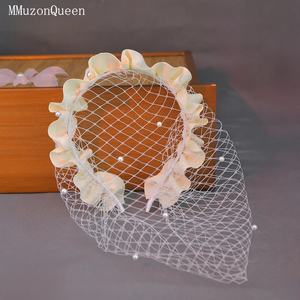 MMQ Women Veil Fishbone Line With Headband Pearl Bridal Hair Accessories Vintage Po Accessory MA11 250530