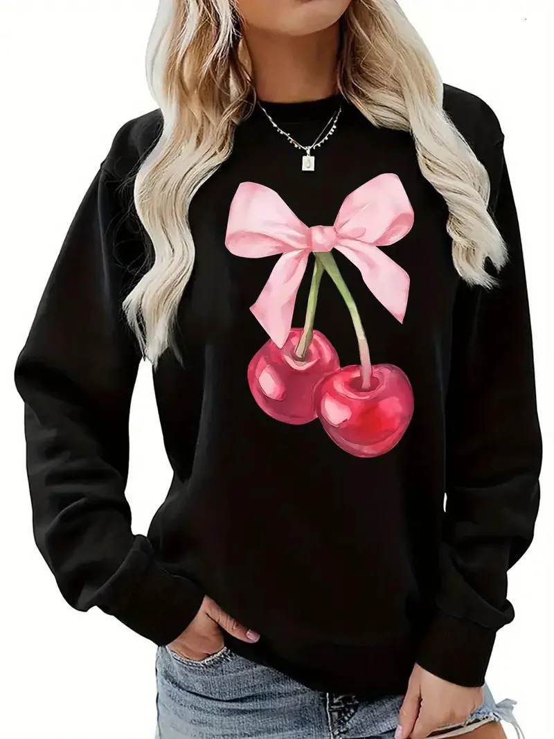 Cherry bow printed sports shirt for womens casual loose round neck cute aesthetic pullover Y2K clothing Harajuku style hoodie 250604