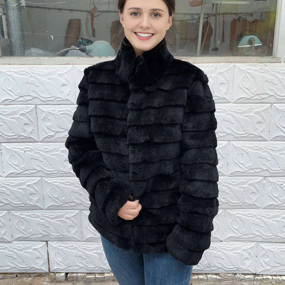 Fancy Rani Rex Rabbit Coat Women Winter Jacket Real Leather And Fur Clothing Female Outerwears With 2024 Black Cold
