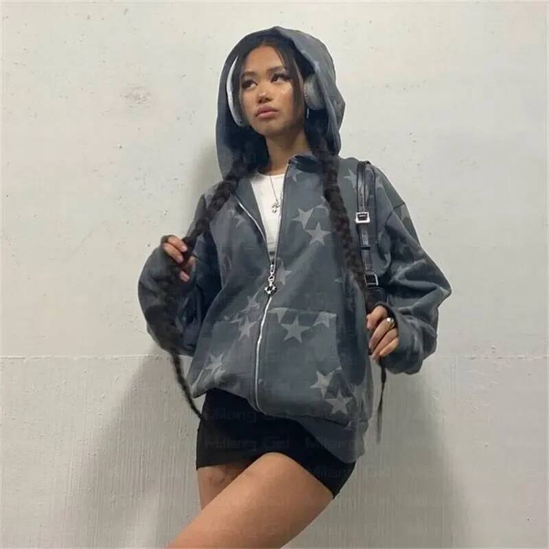 Women Long-Sleeved Zip Hoodie Jacket Oversize Streetwear Vintage Fashion Star Graphic Fairy Grunge Men Y2k Clothes Emo Pullover