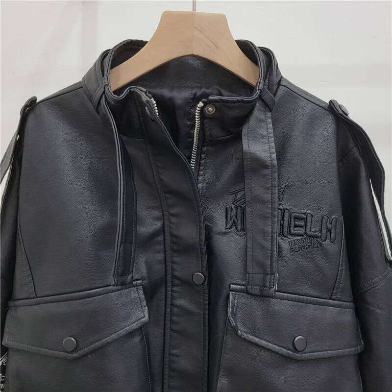 YEAE Ms. 2025 Spring and Autumn New Vintage Locomotive Printed High Waist Skinny Washed PU Leather Jacket Tide