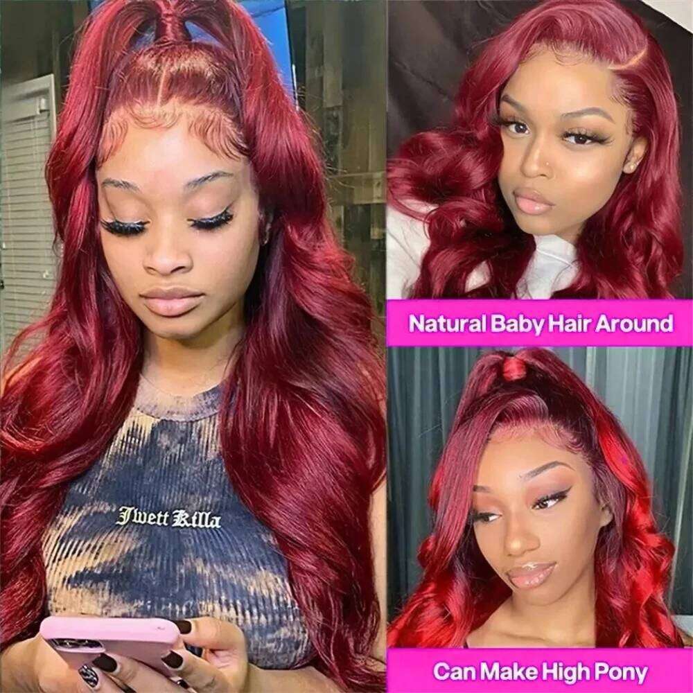 Bury Body Wave Front Human Hair 99J Red Colored 13x4 13x6 HD Lace Brazilian Frontal Pre Plucked 200 Density Women Wigs