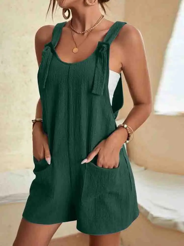 Womens Casual Summer Short Rompers Overalls Loose Sleeveless Tie Knot Strap Jumpsuits with Pockets 250603