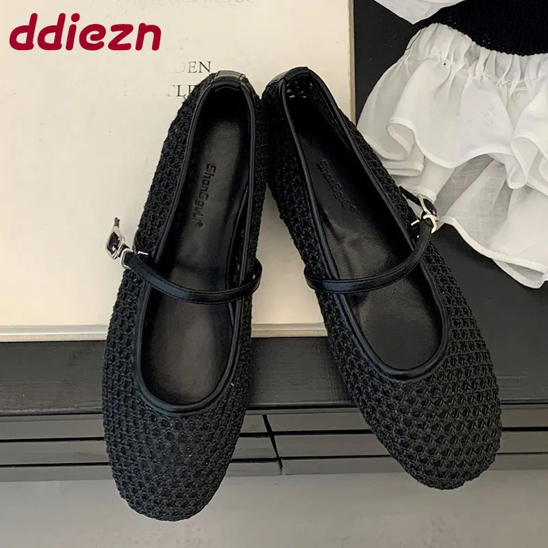Female Buckle Strap Footwear Ladies Flats Mary Janes Shoes 2025 Fashion Mesh Shallow Women Ballet Flats Shoes 250603