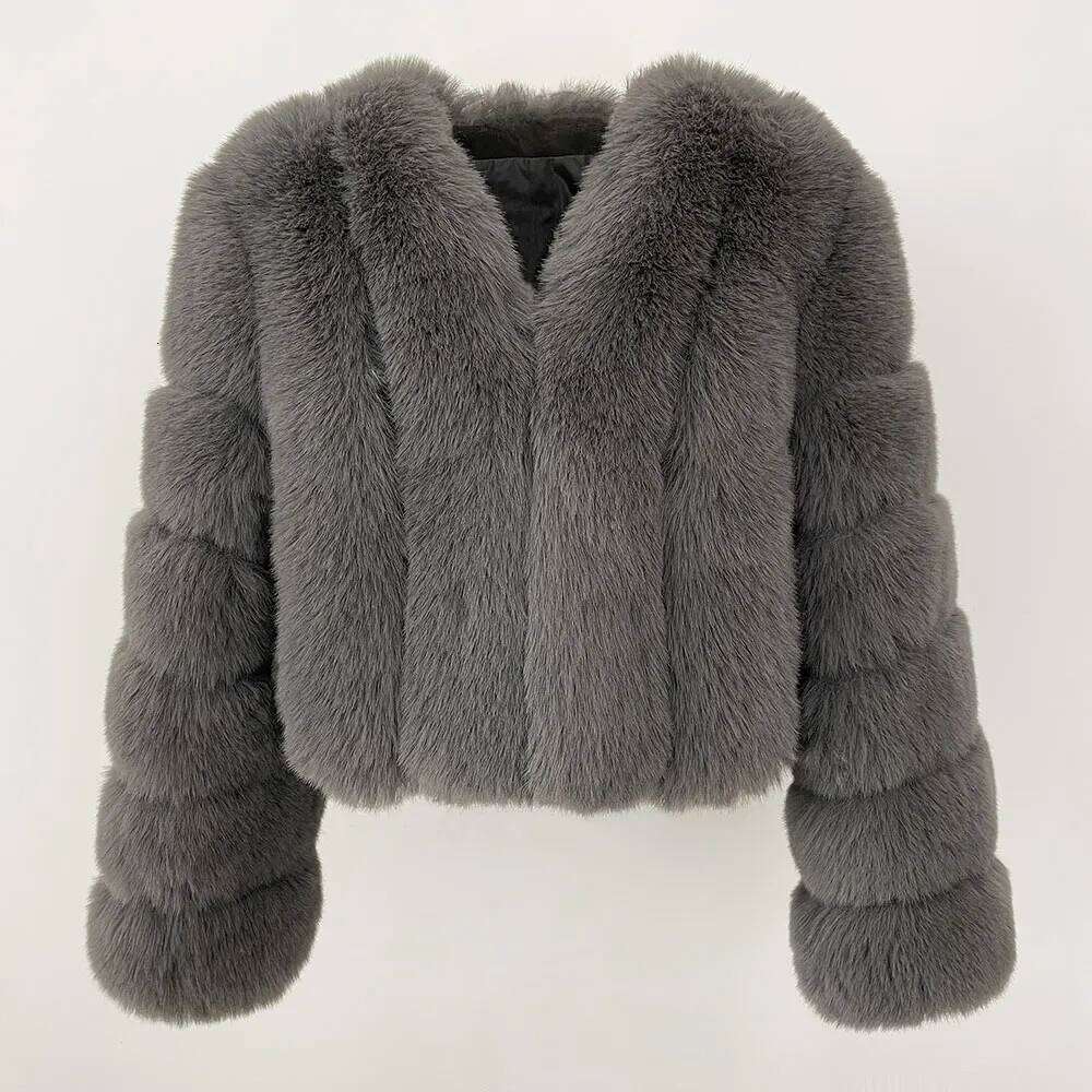 MENINA 2025 Winter Jacket Women Faux Fur Coat Short V-neck High Waist Outerwear Fashion Thickened Warm Commuting Long Sleeves