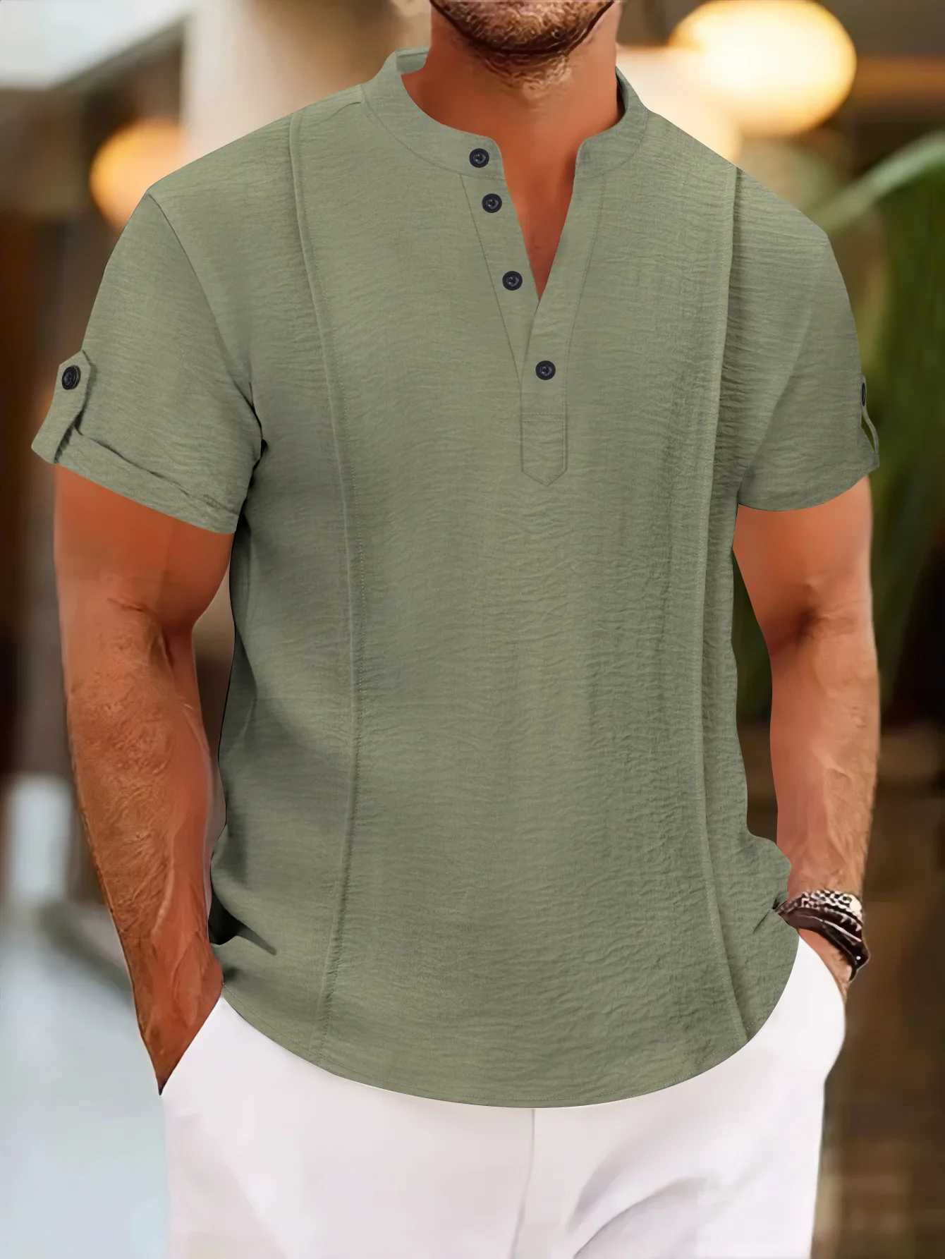 Mens Summer New Style Standing Collar Short-Sleeved Polo Shirts Double Button Front Casual Outdoor Beach Wind Solid Color Tops XJ250605