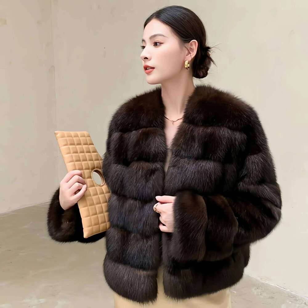 Women's Covered Button Faux Mink Fur Coat, O-Neck Short Jacket,Thick Warm Clothes,England Style,Autumn And Winter, 2024